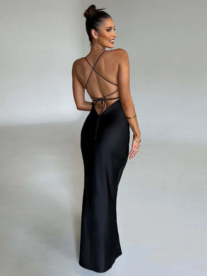 Satin Backless Maxi Dress for Autumn New Spaghetti Strap Sleeveless Bodycon Long Dress Vestido Clubwear
