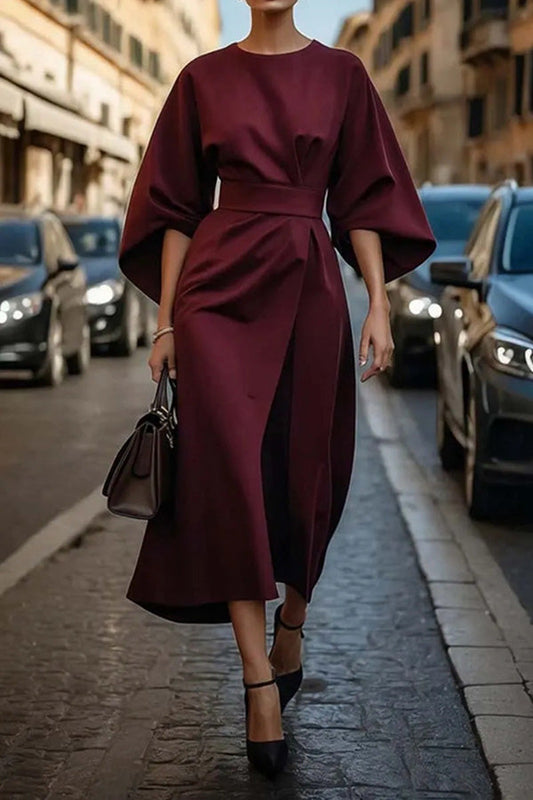 Color Batwing Sleeve Waisted Midi Dress