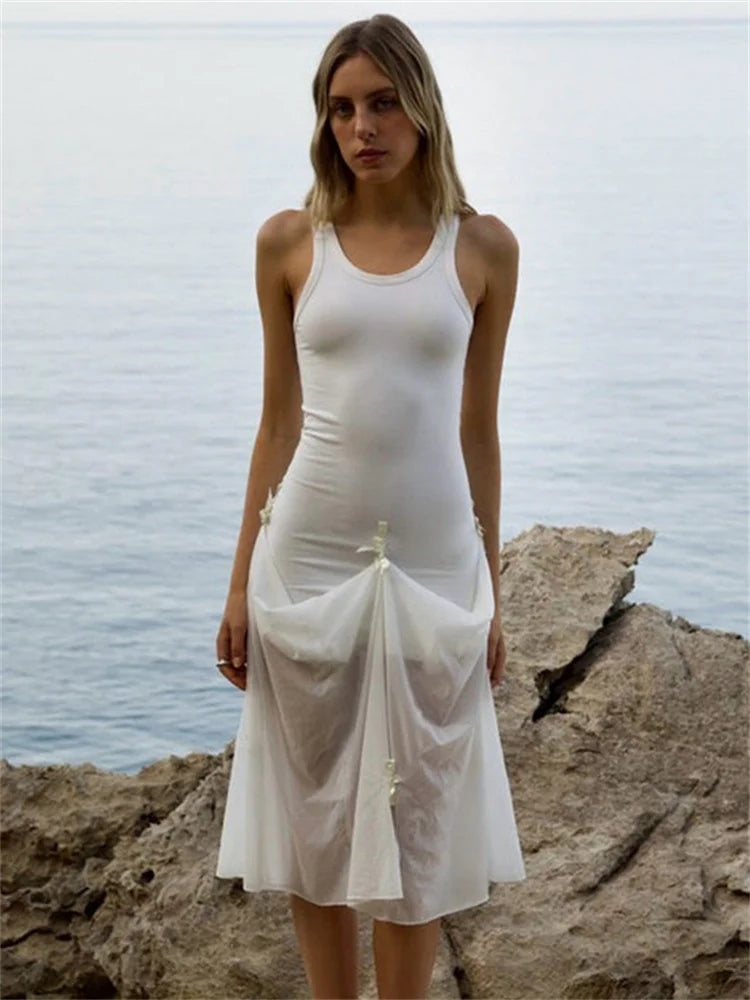 Tee Bow Mesh Patchwork Long Dress ’s Bandage See-through Beach Holiday Party Dress Slim Maxi Dress Summer New