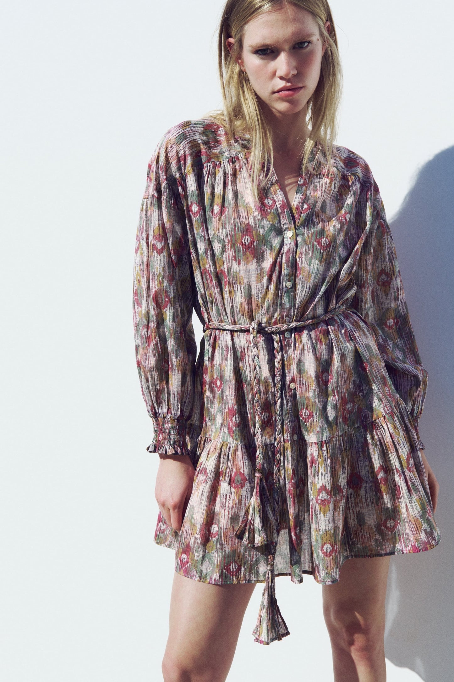 Puff Long Sleeve Buttoned Lace Up Ruffle Hem Mini Dress