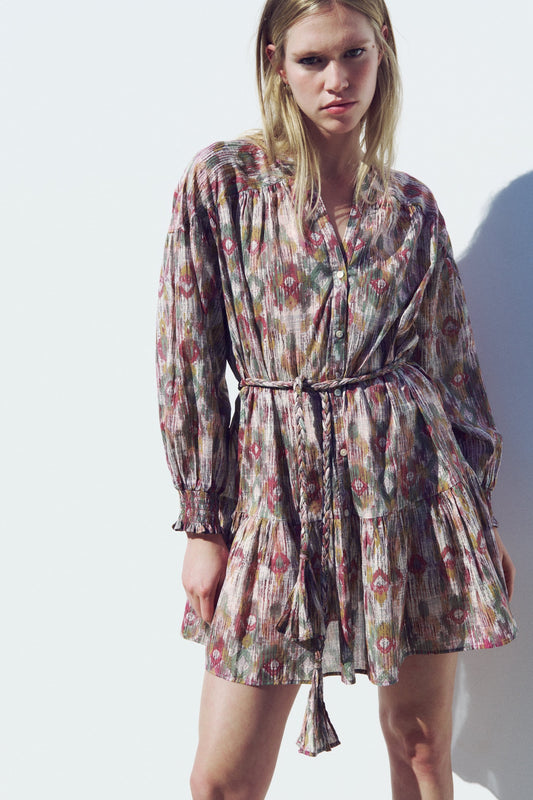 Puff Long Sleeve Buttoned Lace Up Ruffle Hem Mini Dress