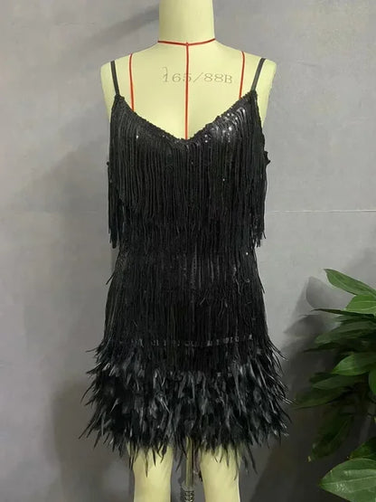 Tassel Sequins Dress Feather Spaghetti Straps Mini Dresses Summer Party Club Evening Dresses Vestidos