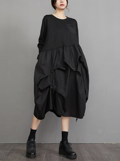 Long Sleeves Loose Split-joint Color Round-neck Midi Dresses