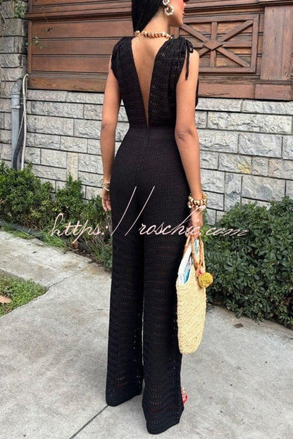 Color Knitted V-neck Holiday Hollow Jumpsuit