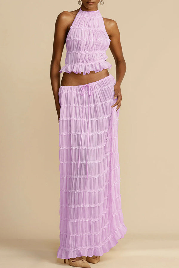 Versatility and Charm Pleated Drawstring Waist Tiered Maxi Skirt