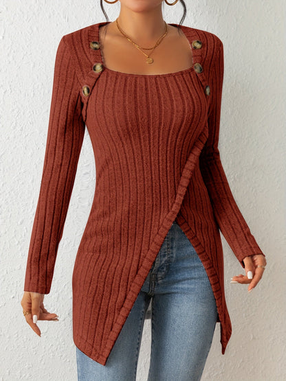 Ribbed Button Decor Asymmetrical Hem T-shirt Rd0210