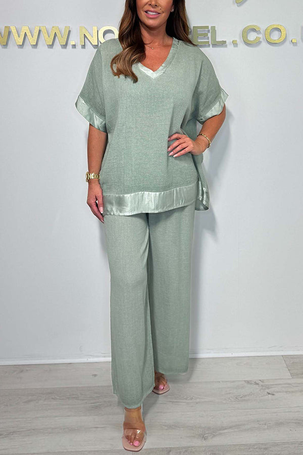 Fashionable V-neck Short-sleeved Loose Top and Elastic Waist Wide-leg Pants Set