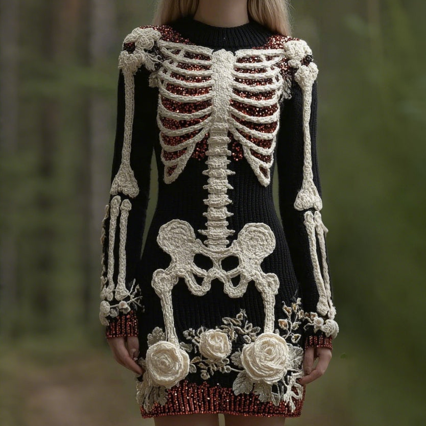Comstylish Women's Vintage Halloween Skeleton Bones Rose Art Cozy Knit Mini Sweater Dress