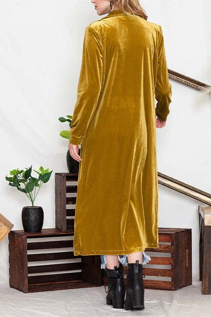 Yellow Velvet Open Front Pocket Long Cardigan