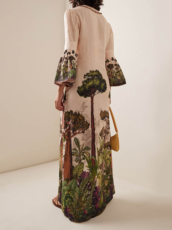 Flared Sleeves Loose Leaves Print V-neck Maxi Dresses