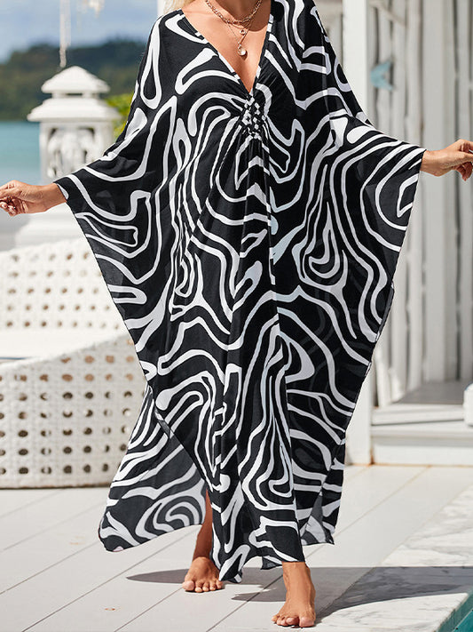 Batwing Sleeves Loose Pleated Printed Split-side Sun Protection V-neck Beach Cover-up Maxi Dresses