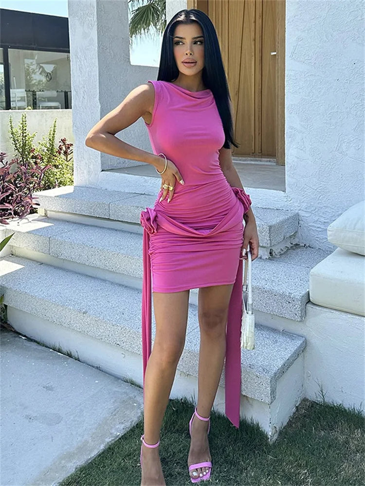 Pleated Mini Dress Sleeveless Slim Patchwork Bodycon Dress Pullover Vestidos ’s Club Party Dress