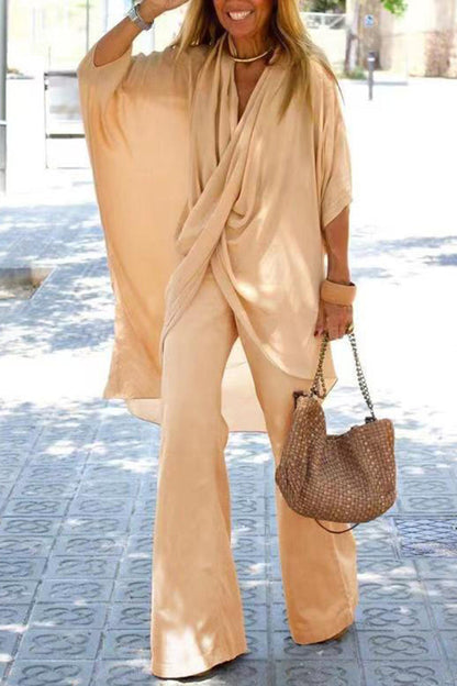 V Neck Trumpet Sleeve Top and Pants Two Piece Set