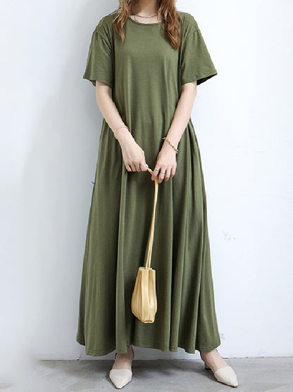 Simple Loose Short Sleeves Color Round-neck Maxi Dresses