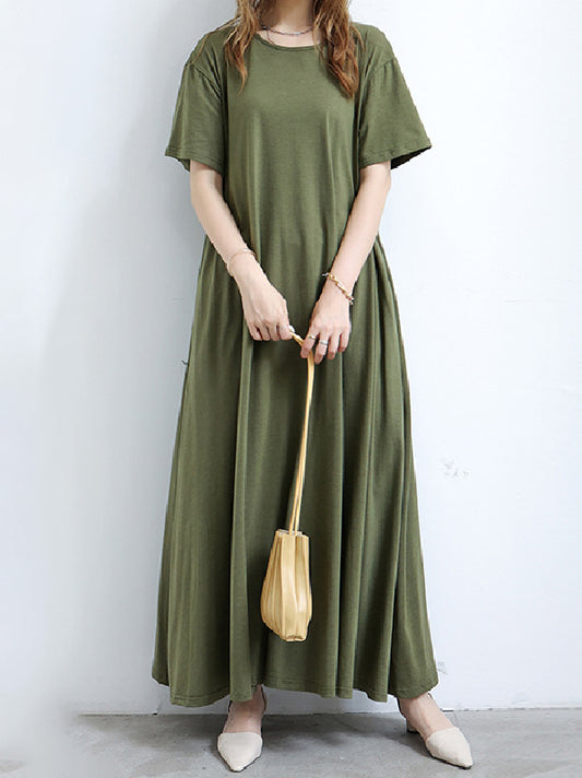 Simple Loose Short Sleeves Color Round-neck Maxi Dresses