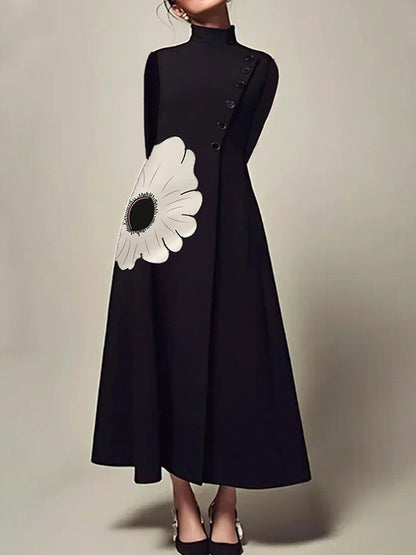 A-line Long Sleeves Flower Print High Neck Midi Dresses