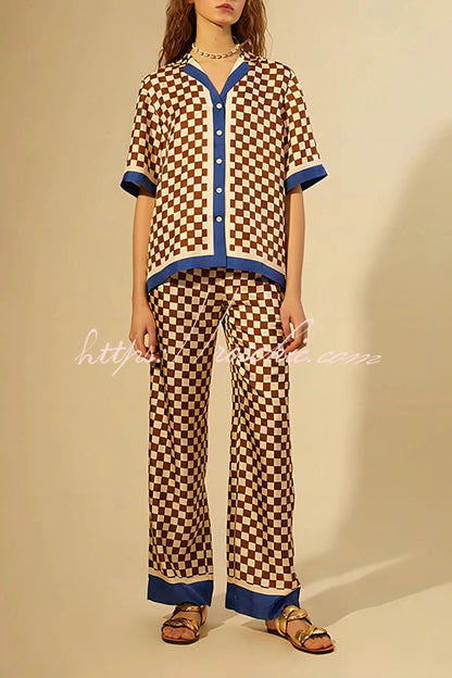 Olivia Satin Checkerboard Colorblock Print Shirt and Elastic Waist Pocketed Loose Pants Set