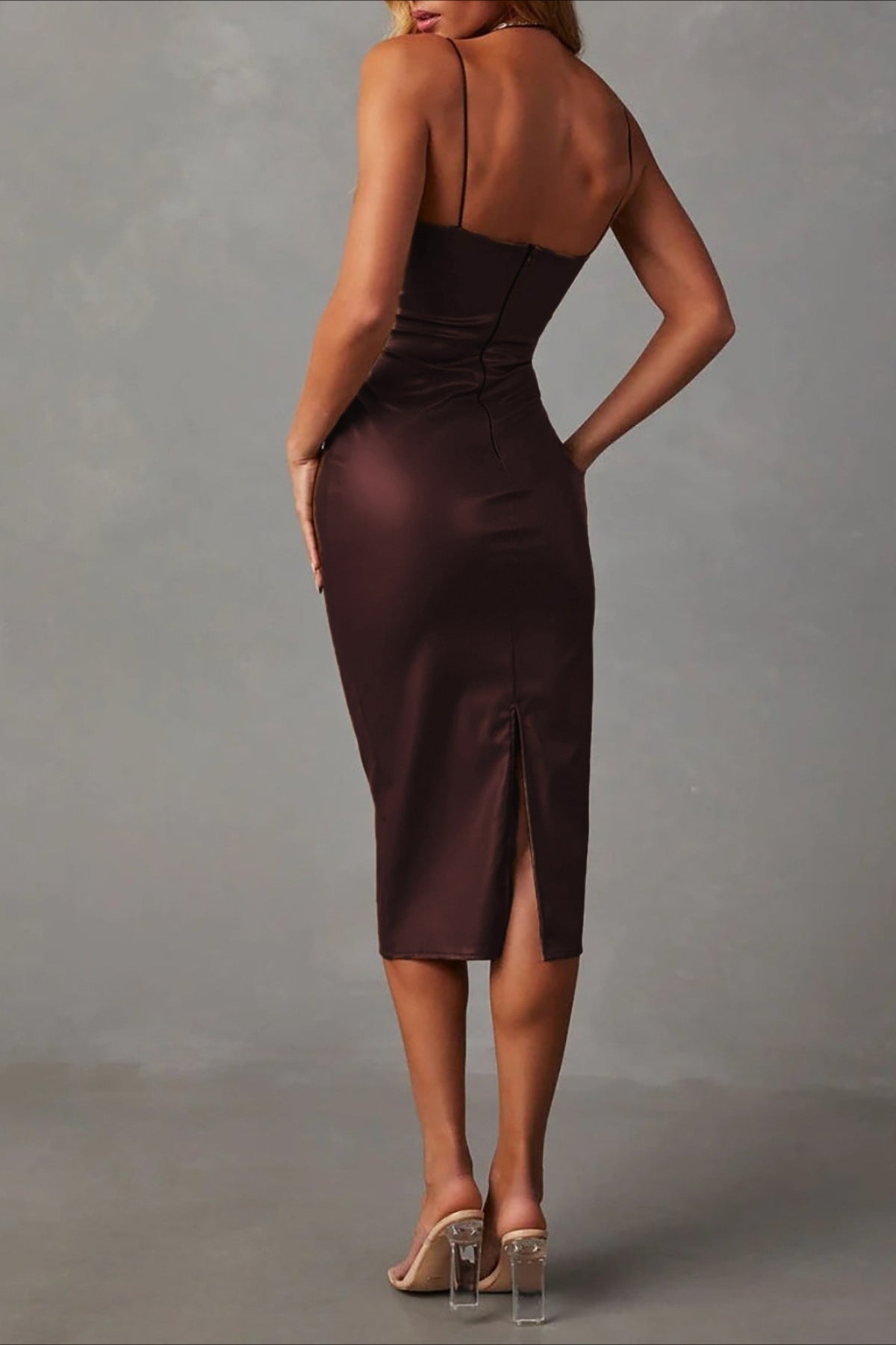 Pu Leather Spaghetti Strap Bodycon Midi Dress