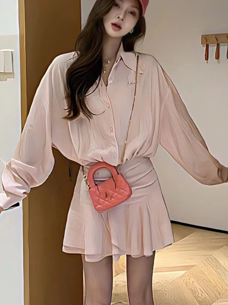 Y2k Shirt Mini Dress Long Sleeve Ruffles A-line Korean New Spring Summer Clothing