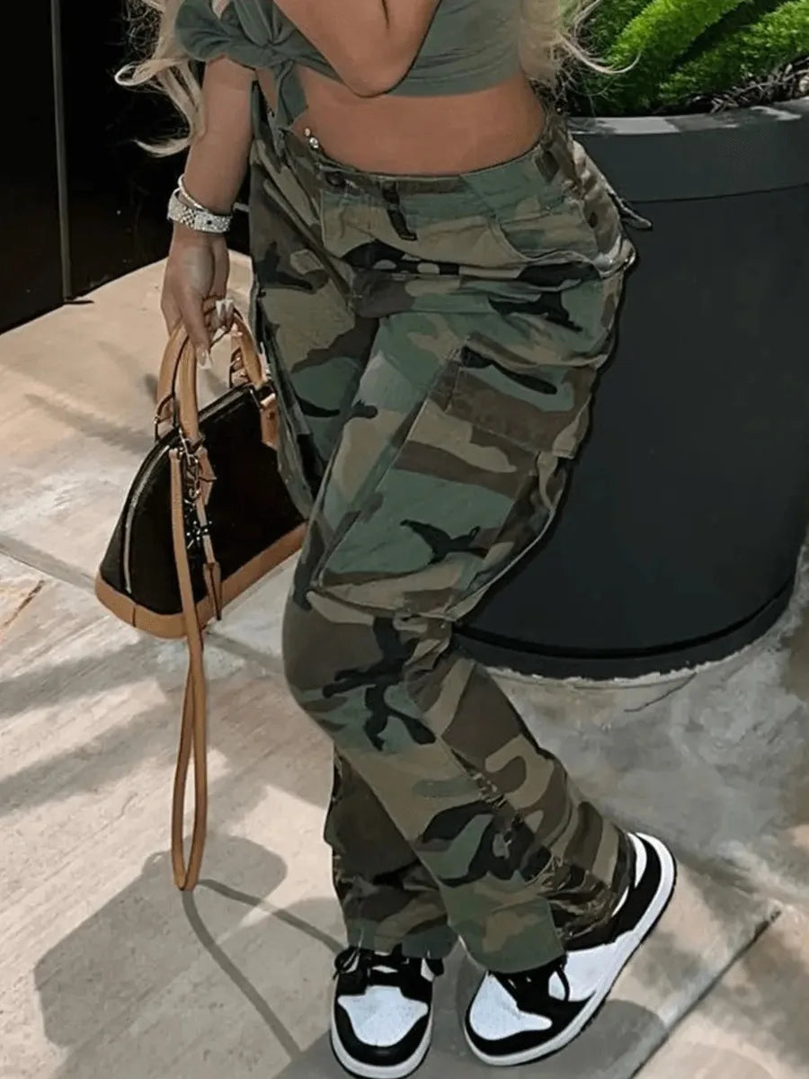 High Waist Camo Multicolor Cargo Pants Xs-5xl Street Side Pocket Camouflage Streetwears Straight Lady Trousers