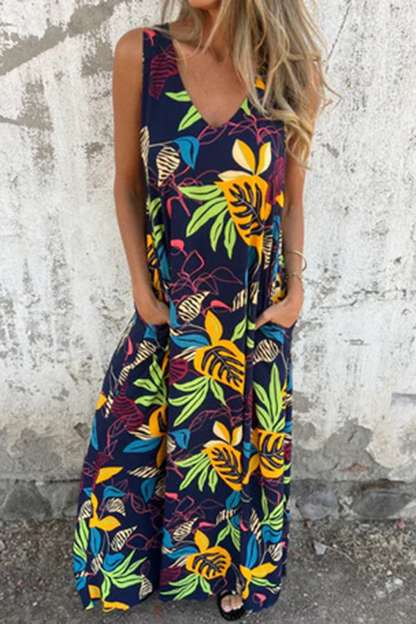 Botanical Print V-neck Pocket Loose Maxi Dress
