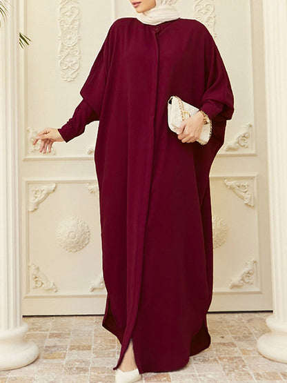 Batwing Sleeves Loose Buttoned Muslim Color Split-side Round-neck Maxi Dresses