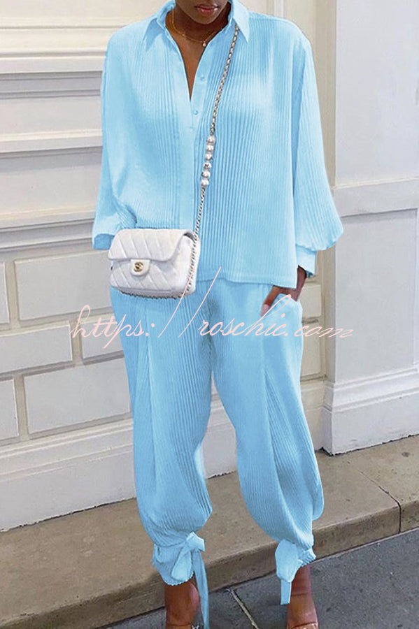 Shirt Collar Stripe Side Pocket Top Pant Set