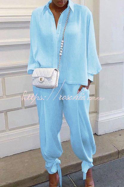 Shirt Collar Stripe Side Pocket Top Pant Set