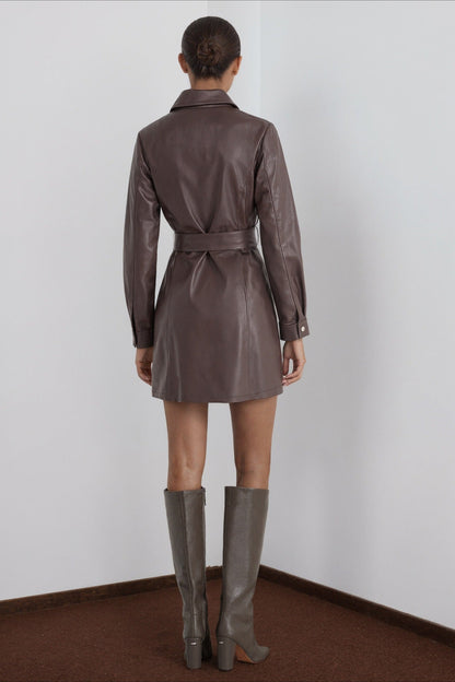 Faux Leather Belted Mid-length Long Sleeve Trench Coat