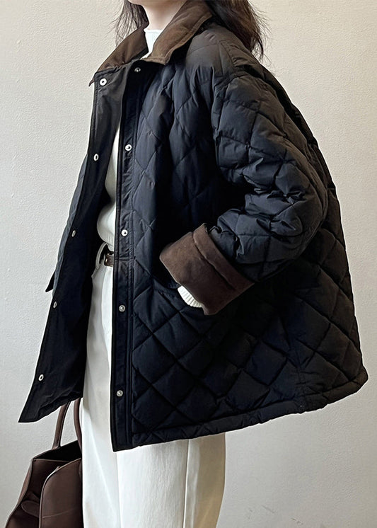Black Pockets Corduroy Duck Down Puffer Coat Peter Pan Collar Winter Af1045