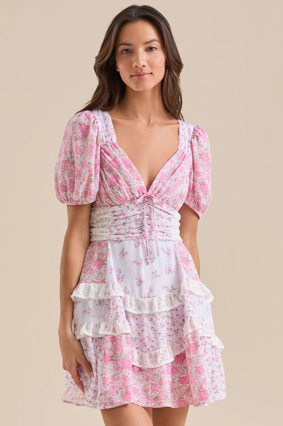 Lace Patchwork V Neck Puff Short Sleeve Mini Dress