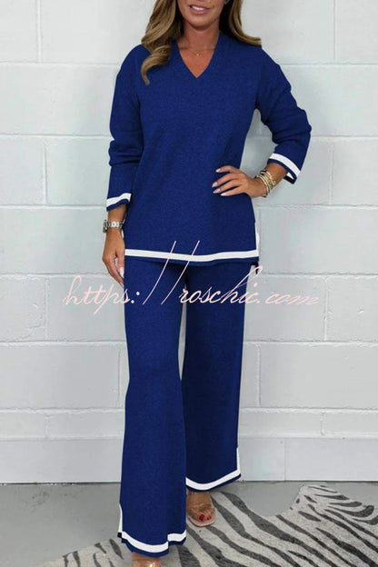 Color V-neck Long-sleeved Loose Top and Elastic Waist Wide-leg Pants Set
