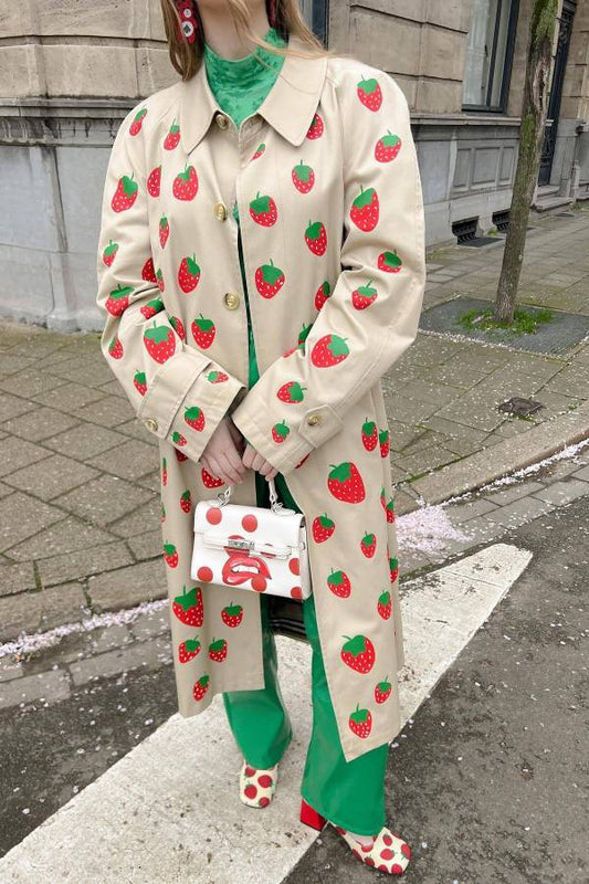 Fruit Print Long Coat Cherry Trench Coat