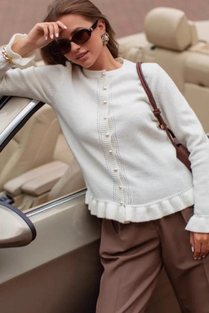 Crew Neck Layered Trim Long Sleeve Knit Cardigan