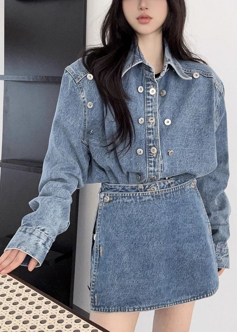 French Blue Peter Pan Collar Button Denim Two-piece Set Fall Ee005