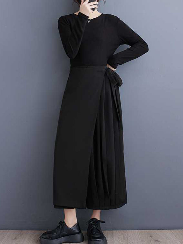 Stylish Black Elasticity High Waisted Asymmetric Tied Patchwork Pleated Ninth Pants Ws015