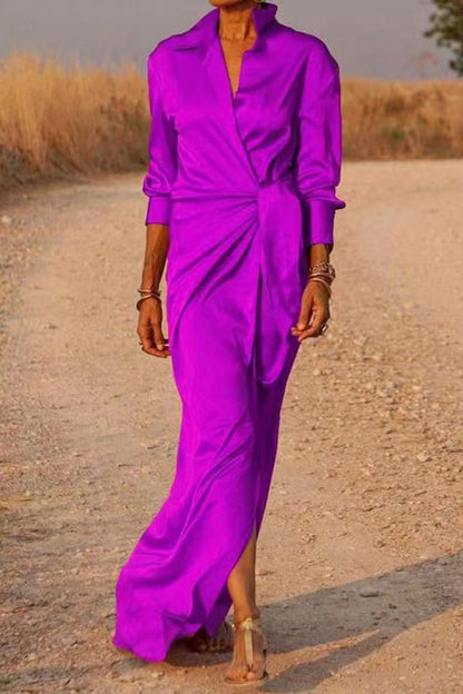Red Satin Wrap Shirt Maxi Dress Qb034
