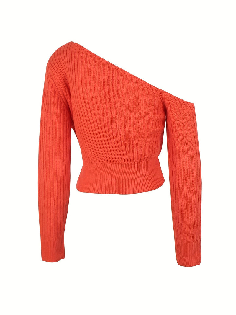 Ribbed Asymmetrical Neck Knit Crop Sweater Fg9874