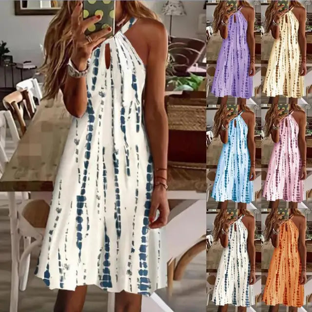 Simple Print Halter Neck Mini Dresses Hollow Out Backless Sleeveless Dress Lady Commuting Short Vestidos