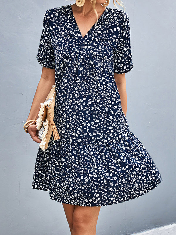 Short Sleeves Flower Print Split-joint V-neck Mini Dresses