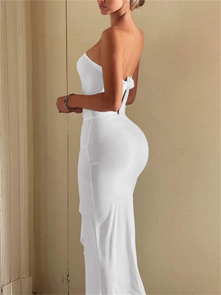 White Pleated Long Dress Bandeau Slim Backless High Waist Lace-up Party Dress Female Autumn Maxi Dress