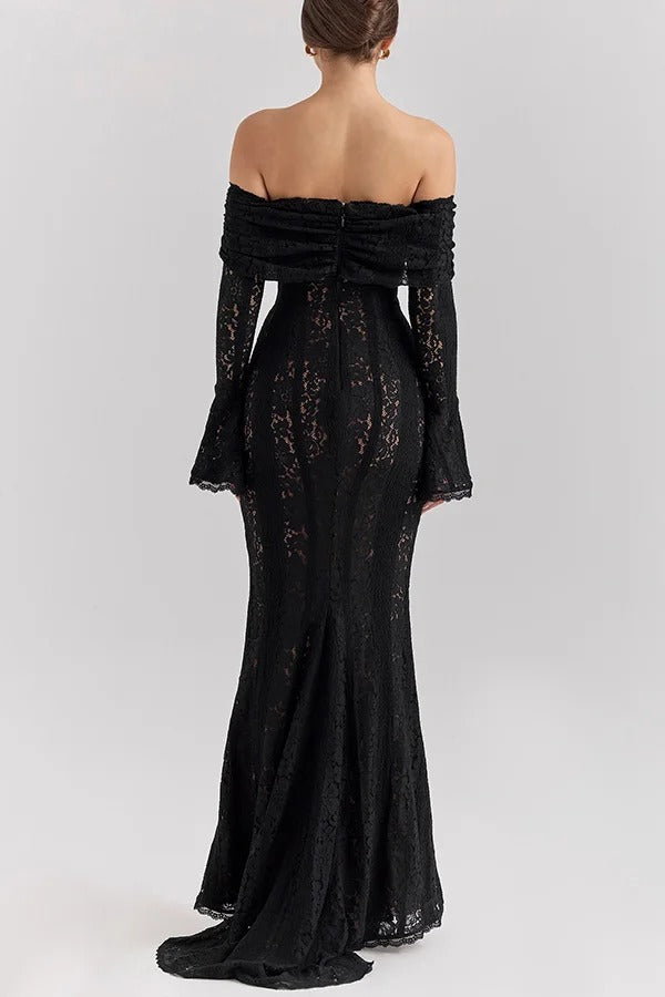 Lace Off Shoulder Flare Sleeve Fishtail Maxi Dresses-white