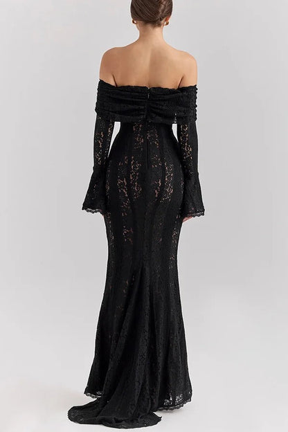 Lace Off Shoulder Flare Sleeve Fishtail Maxi Dresses-white