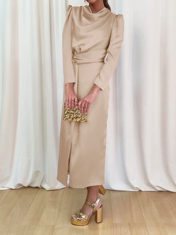 A-line High Waisted Pleated Color Split-front Mock Neck Maxi Dresses