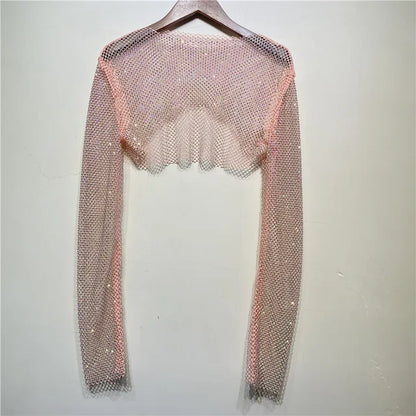 Sparkly Crystal T-shirts O-neck Hollow Out See Through Tank Tops Night Partywear Crop Shirts Tee Y2k Tops