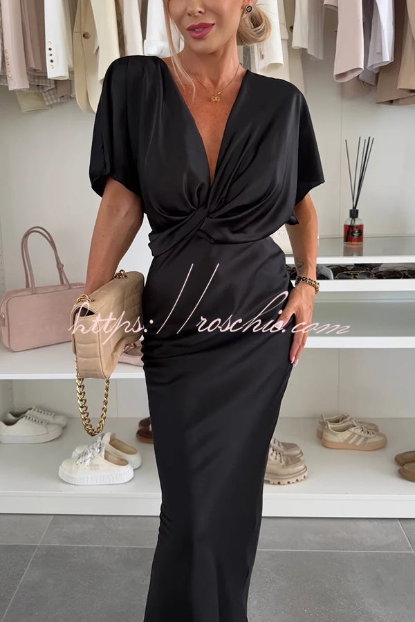 Satin Color V-neck Cross Knot Slim Maxi Dress