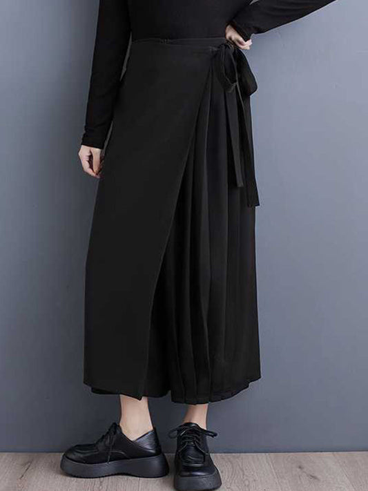 Stylish Black Elasticity High Waisted Asymmetric Tied Patchwork Pleated Ninth Pants Ws015