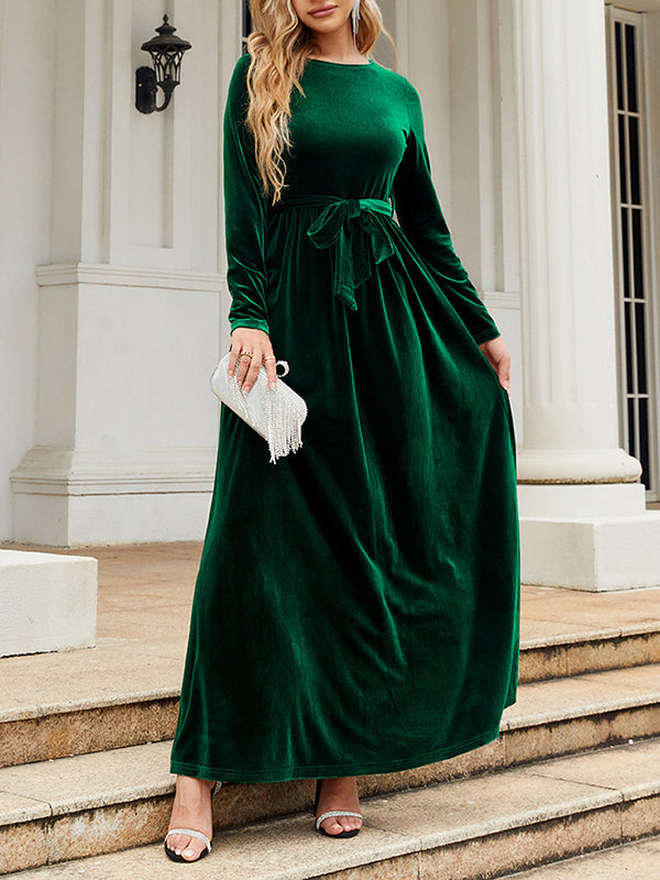 Long Sleeves Wrap Belted Pleated Color Zipper Round-neck Maxi Dresses