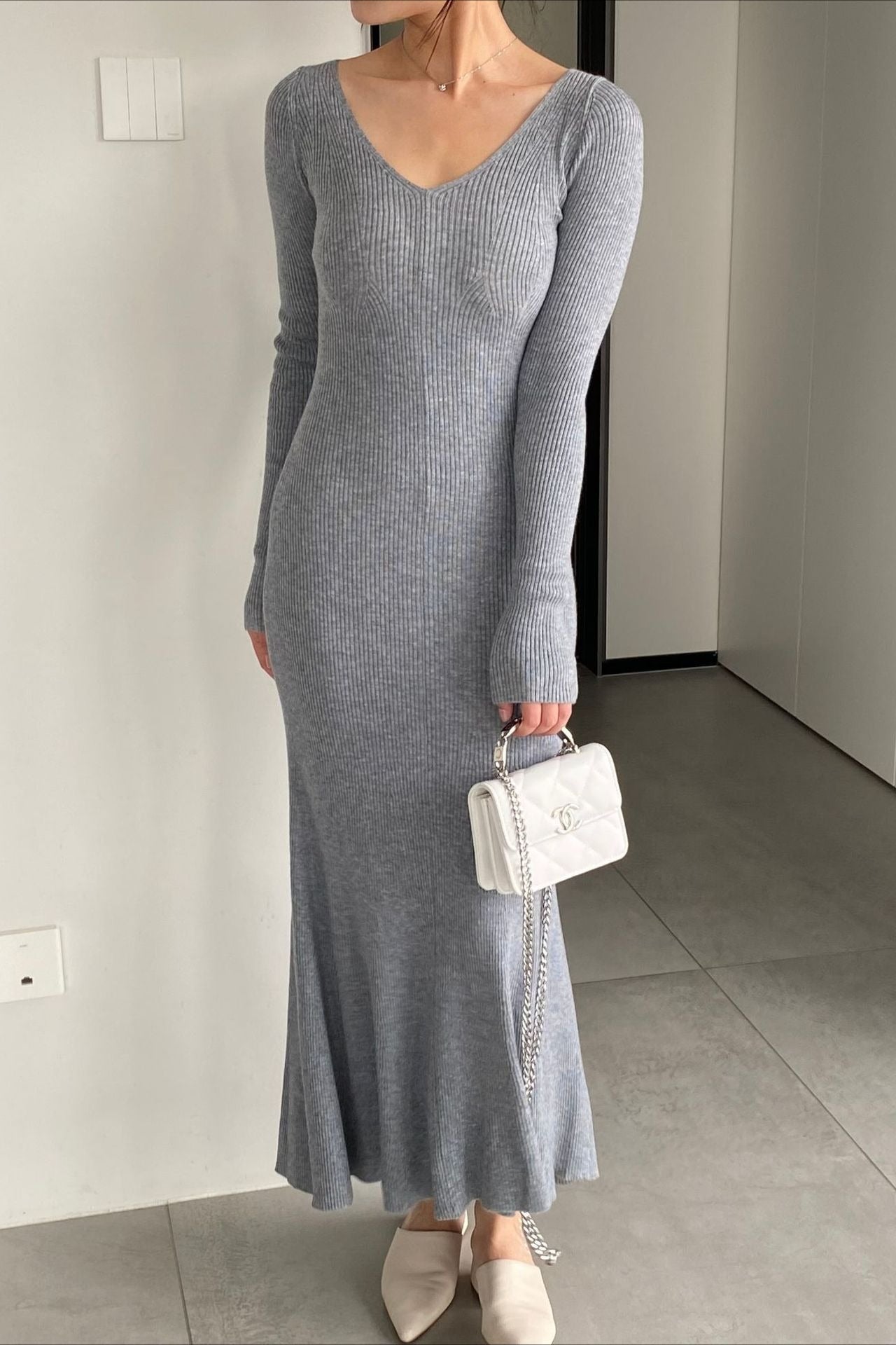 V-neck Wool Sweater Dress