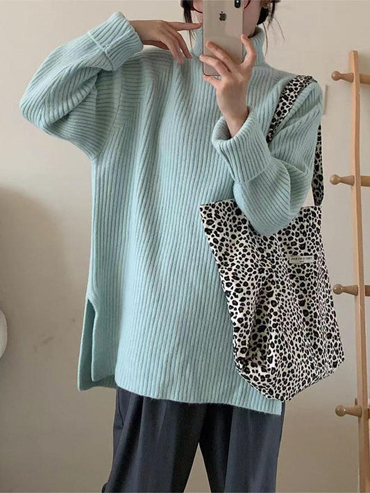 Simple Blue High Neck Split-side Long Sleeve Sweater Qx013